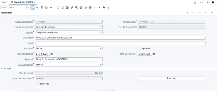 Ventana Requisición con una solicitud de compra de ejemplo en borrador: tipo Solicitud de compra, usuario, descripción, prioridad Media, fecha requerida, almacén de ejemplo y total de líneas 125,00