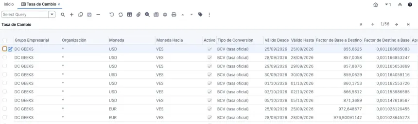 Ventana Tasa de Cambio con las tasas USD a VES y EUR a VES del tipo BCV (tasa oficial), una fila por fecha valor, con su factor