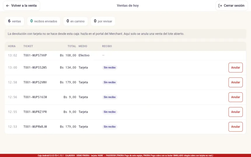 Lista Ventas de hoy de FINORA Caja con hora, ticket, total, medio de pago y el botón Anular en las ventas con tarjeta