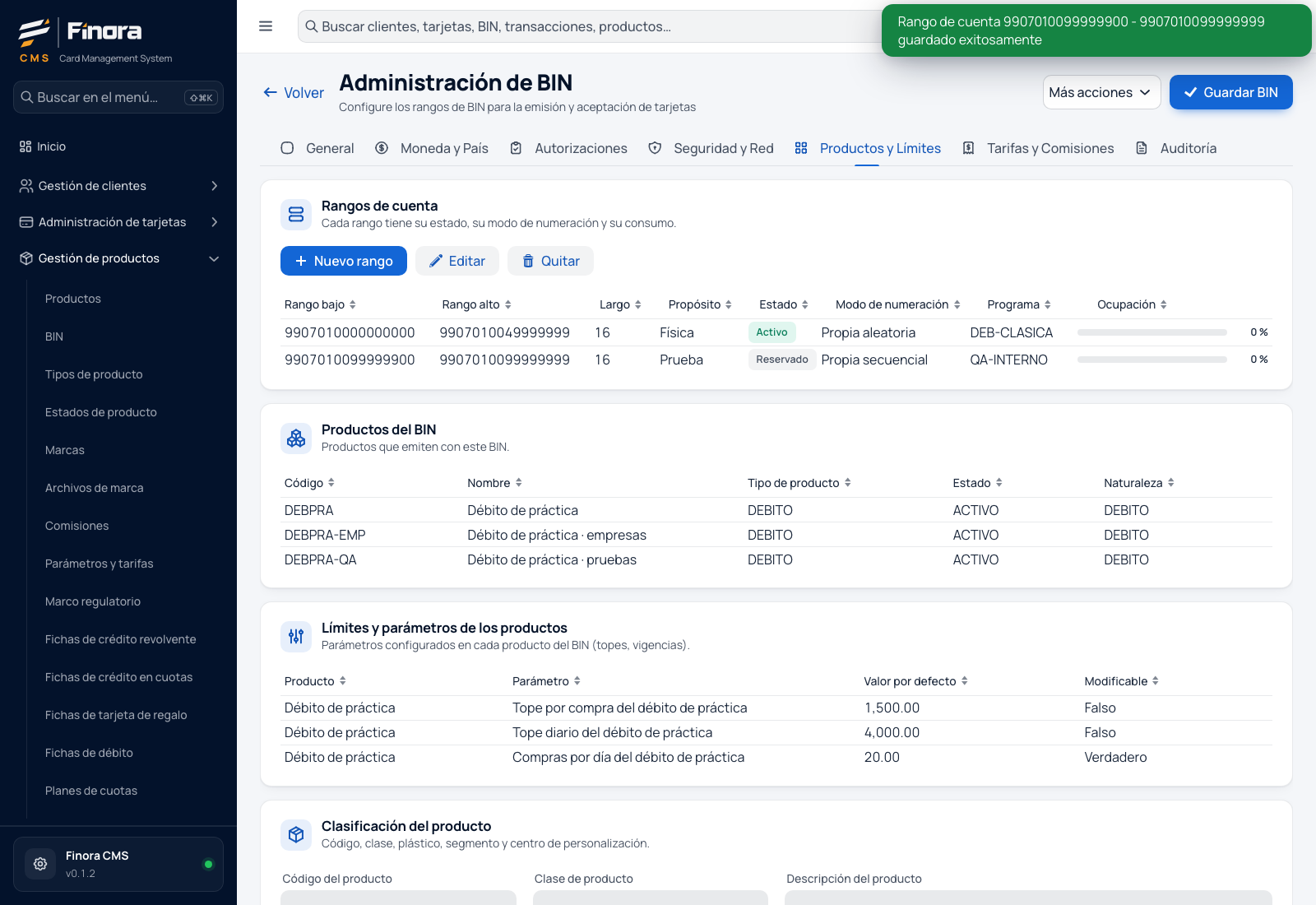 Grilla con el rango DEB-CLASICA activo y el rango QA-INTERNO reservado