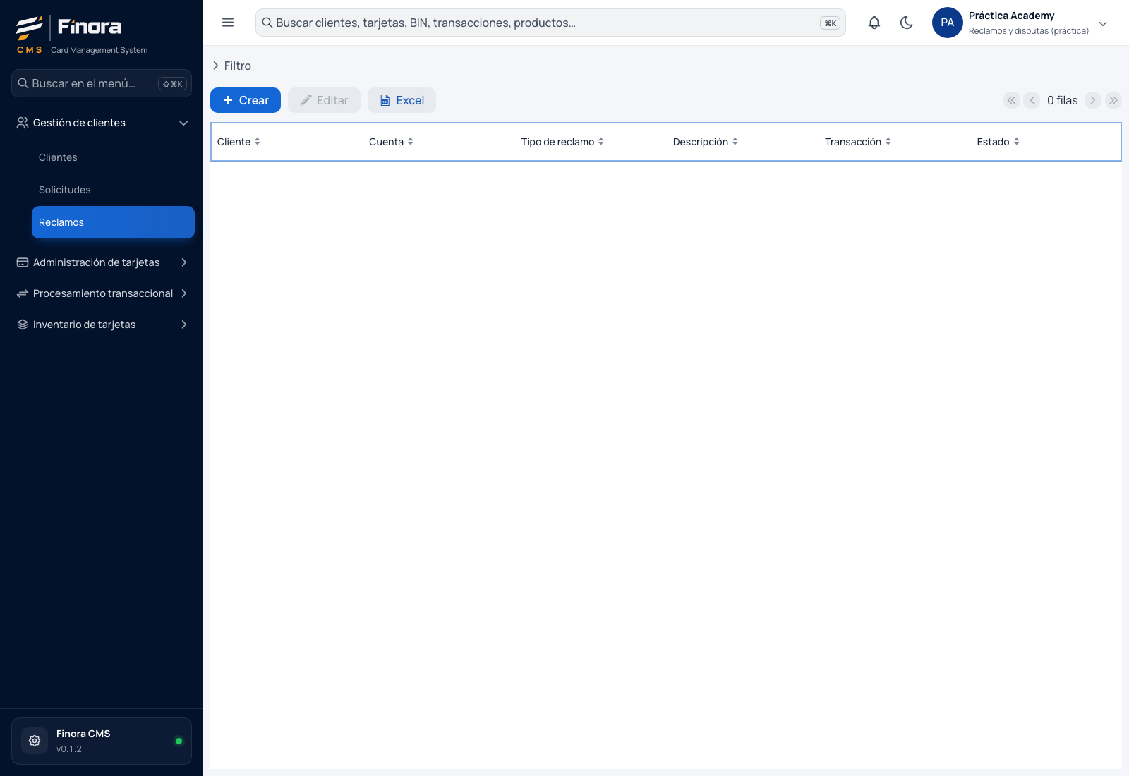Lista de reclamos con tipo, estado y cliente