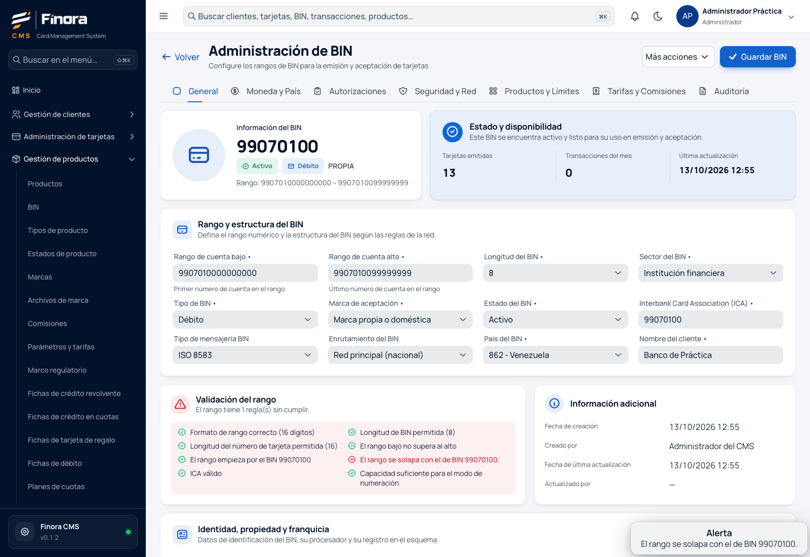 La ficha del BIN sigue abierta con el aviso de que el BIN no es válido por el solapamiento del rango