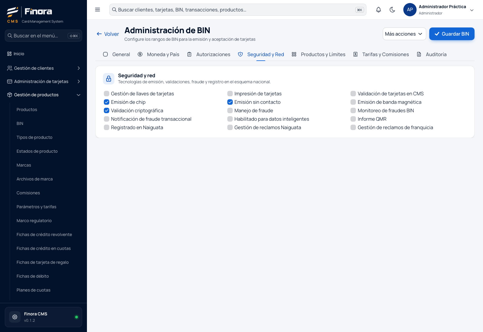 Pestaña Seguridad y Red con Emisión de chip, Emisión sin contacto y Validación criptográfica marcadas