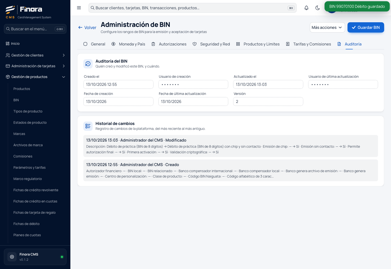 Pestaña Auditoría con la creación, la versión y el historial de cambios del BIN, con las casillas y la descripción que se acaban de guardar