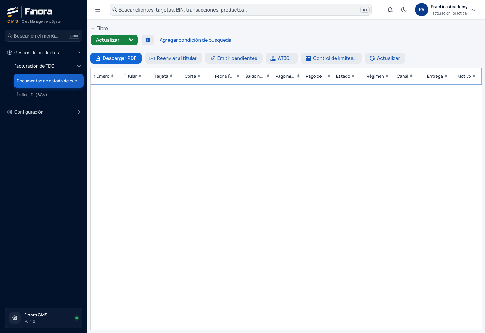Lista de documentos de estado de cuenta de TDC