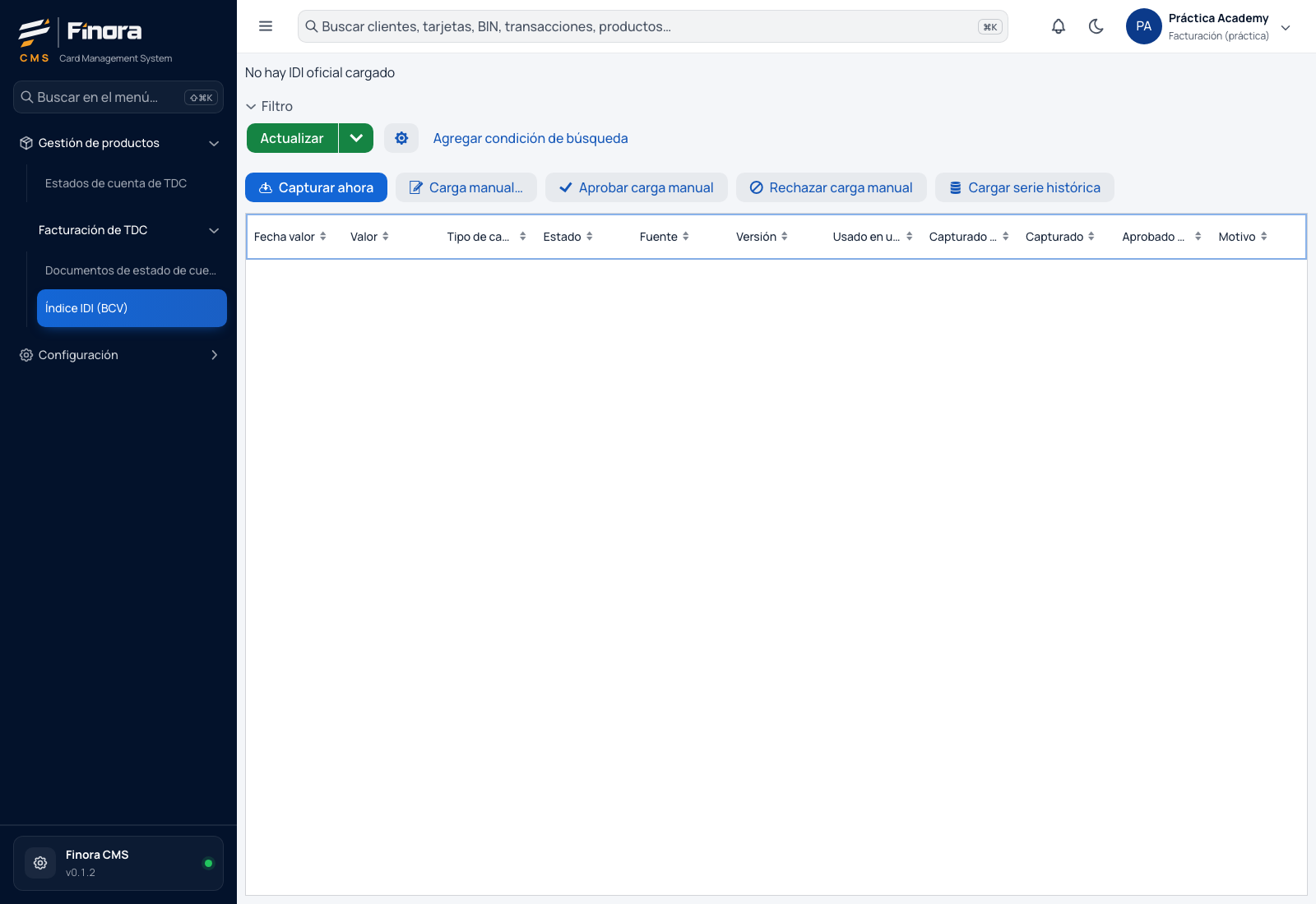 Pantalla del índice IDI del BCV