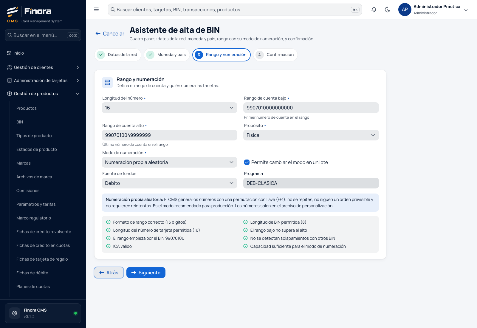 Paso 3 con el rango acotado a la primera mitad del BIN, numeración propia aleatoria, el programa DEB-CLASICA y las reglas del rango en verde