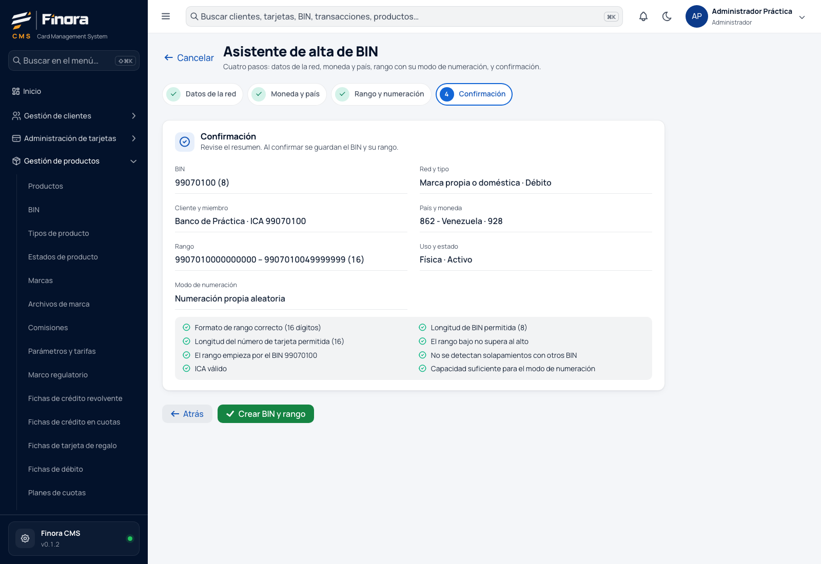 Resumen del asistente con el BIN, el rango, la numeración propia aleatoria y todas las reglas en verde