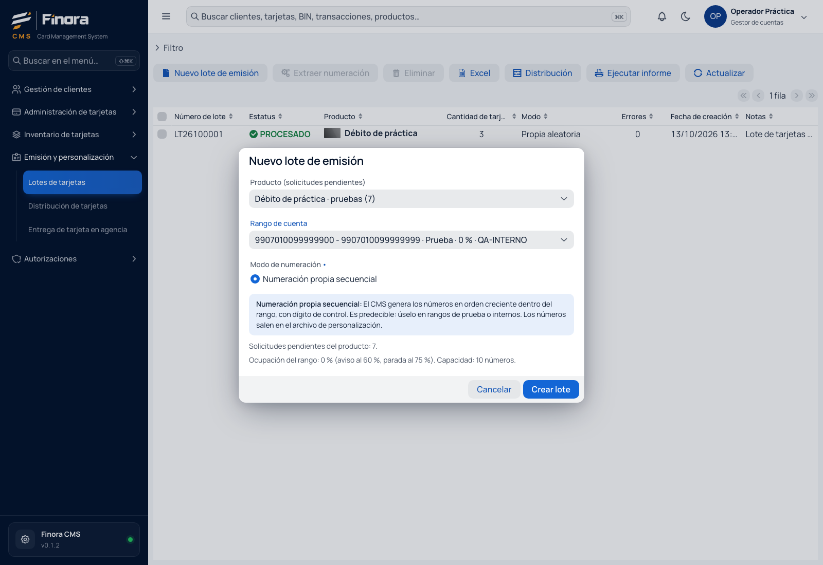 Diálogo de nuevo lote con el producto de pruebas, el rango QA-INTERNO y la numeración propia secuencial