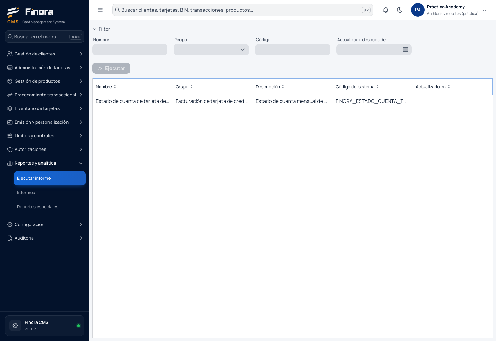 Lista de informes disponibles para ejecutar