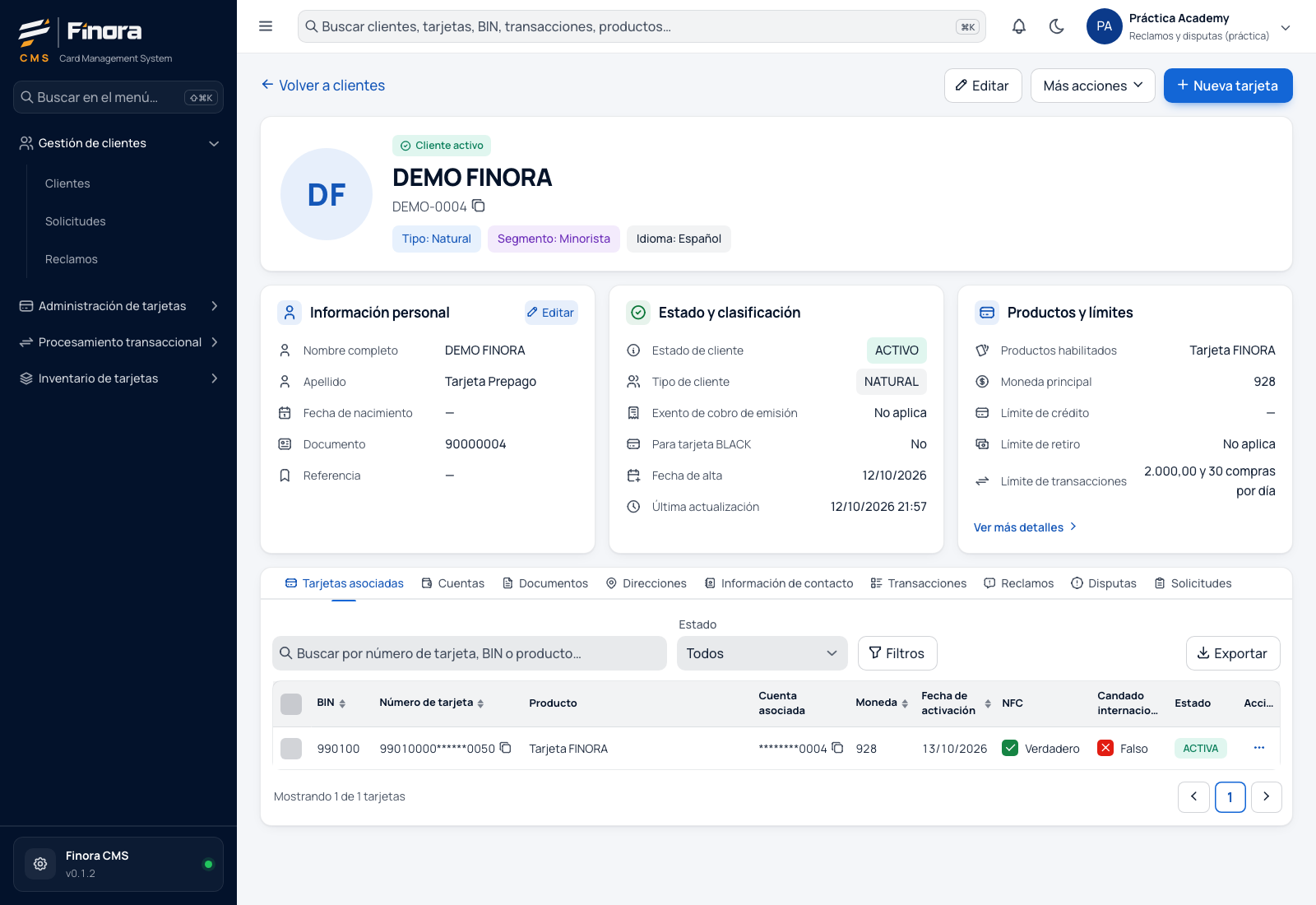 Encabezado de la ficha del cliente con sus datos de identificación