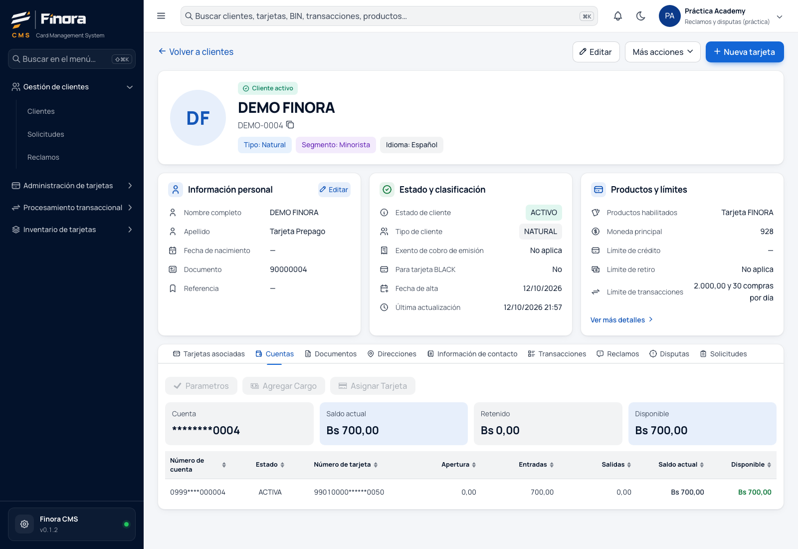 Pestaña Cuentas con las cuentas del titular y sus botones
