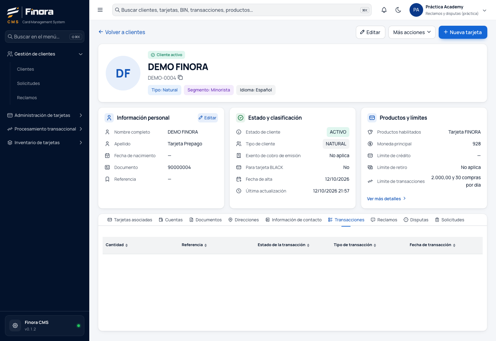 Pestaña Transacciones de la ficha del cliente