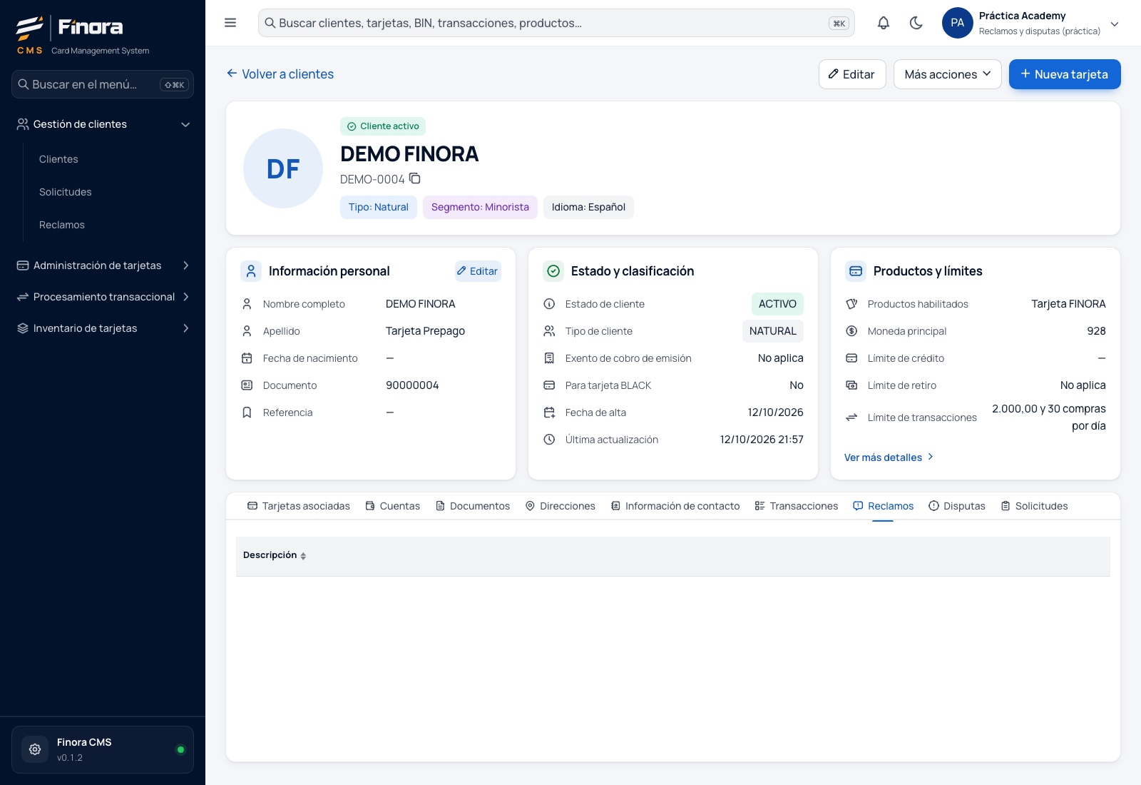 Pestaña Reclamos de la ficha del cliente