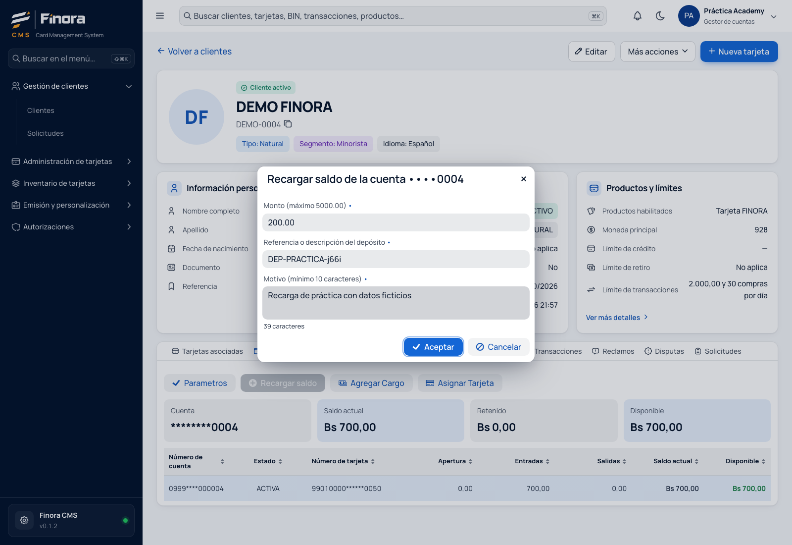 Diálogo Recargar saldo con monto, referencia del depósito y motivo