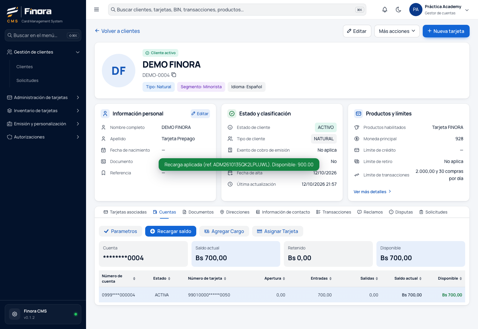Aviso Recarga aplicada con la referencia y el nuevo disponible