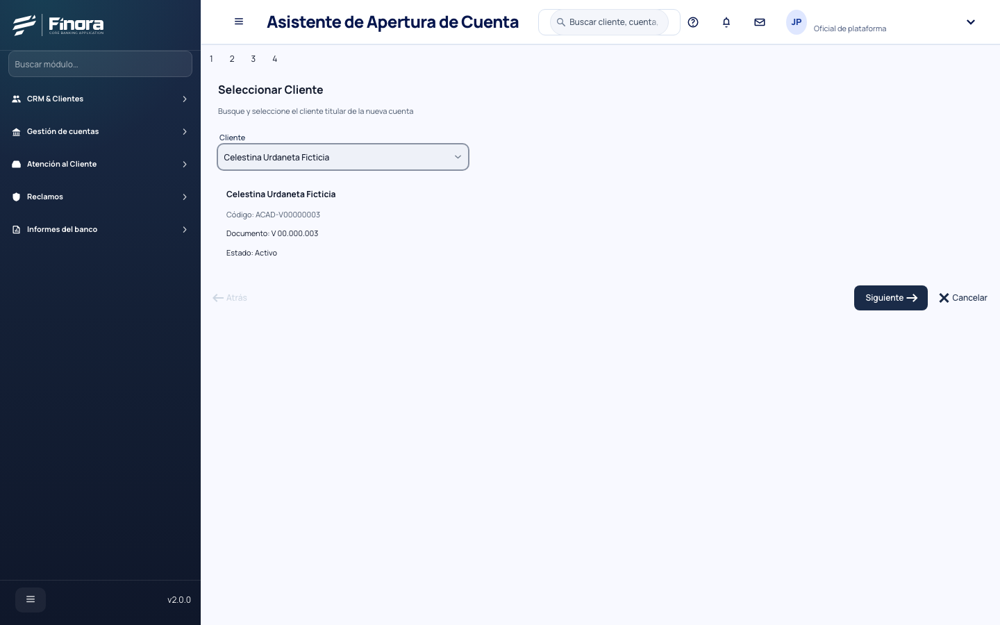 Primer paso del asistente de apertura con un cliente ficticio seleccionado