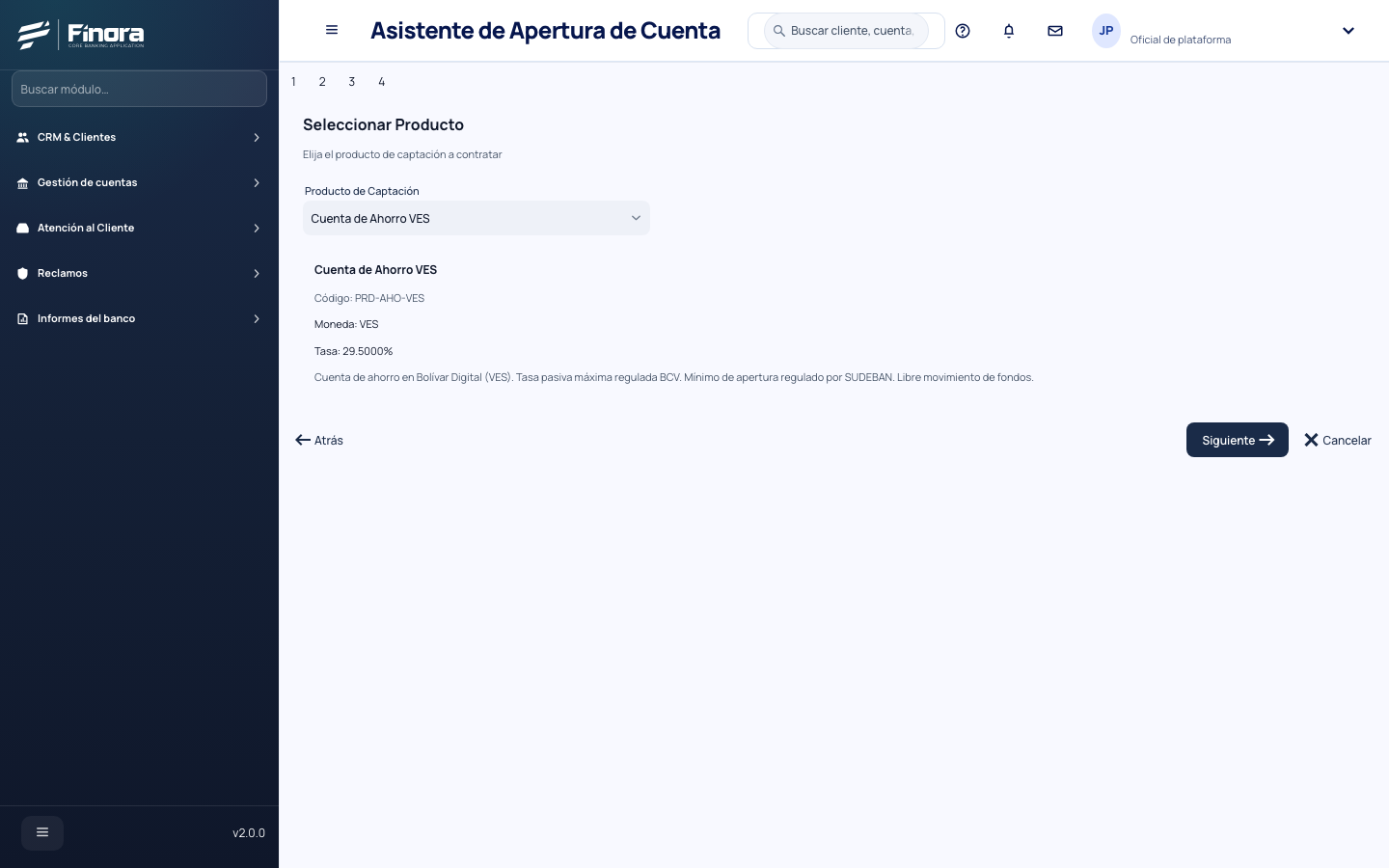 Paso de producto del asistente con la cuenta de ahorro en bolívares elegida