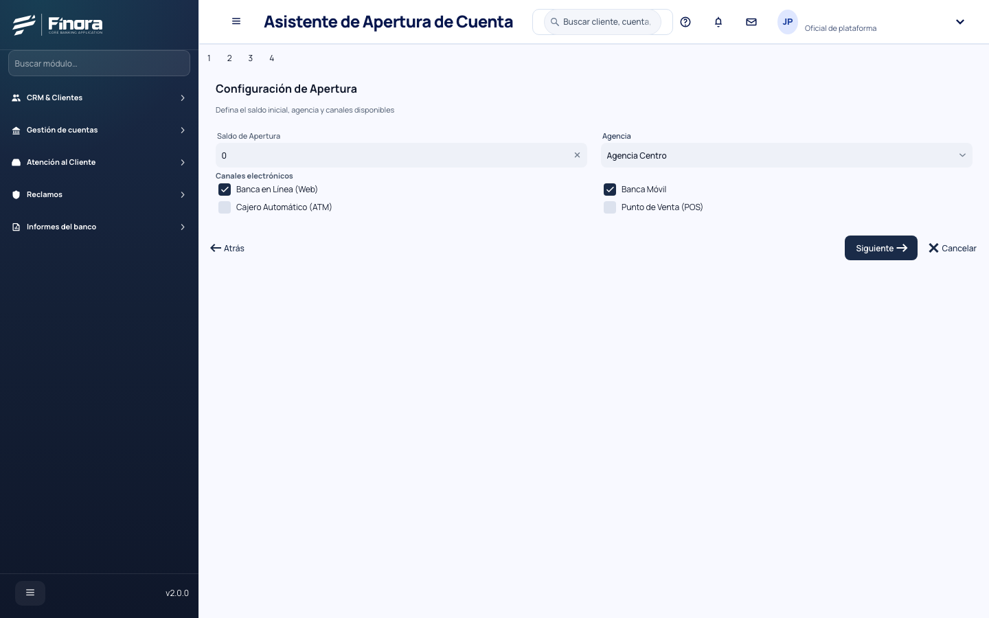 Paso de moneda y agencia del asistente de apertura