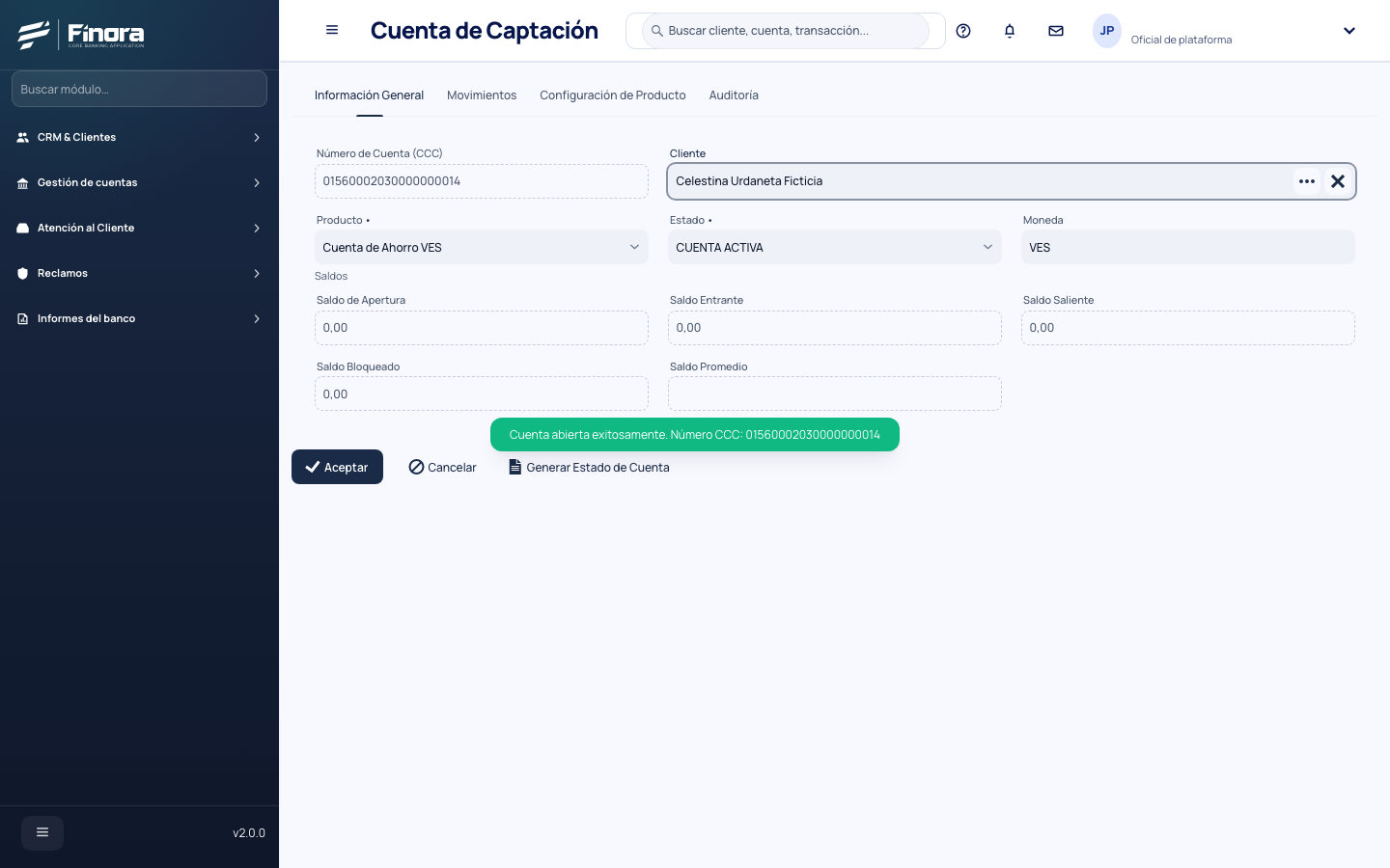 Confirmación de la apertura con el número de cuenta asignado, enmascarado