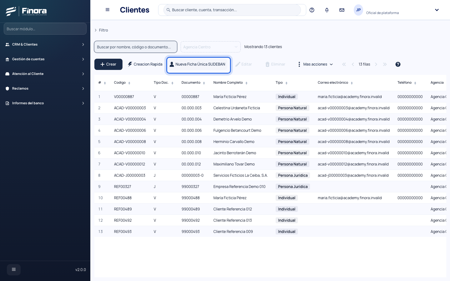 Lista de clientes con el botón para abrir una ficha única nueva
