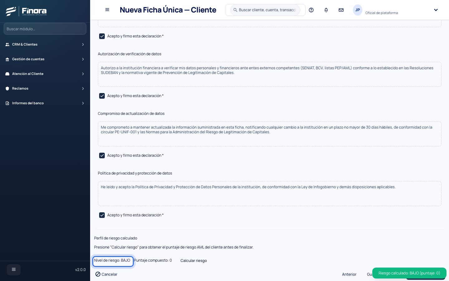 Paso de perfil de riesgo de la ficha única con el nivel propuesto