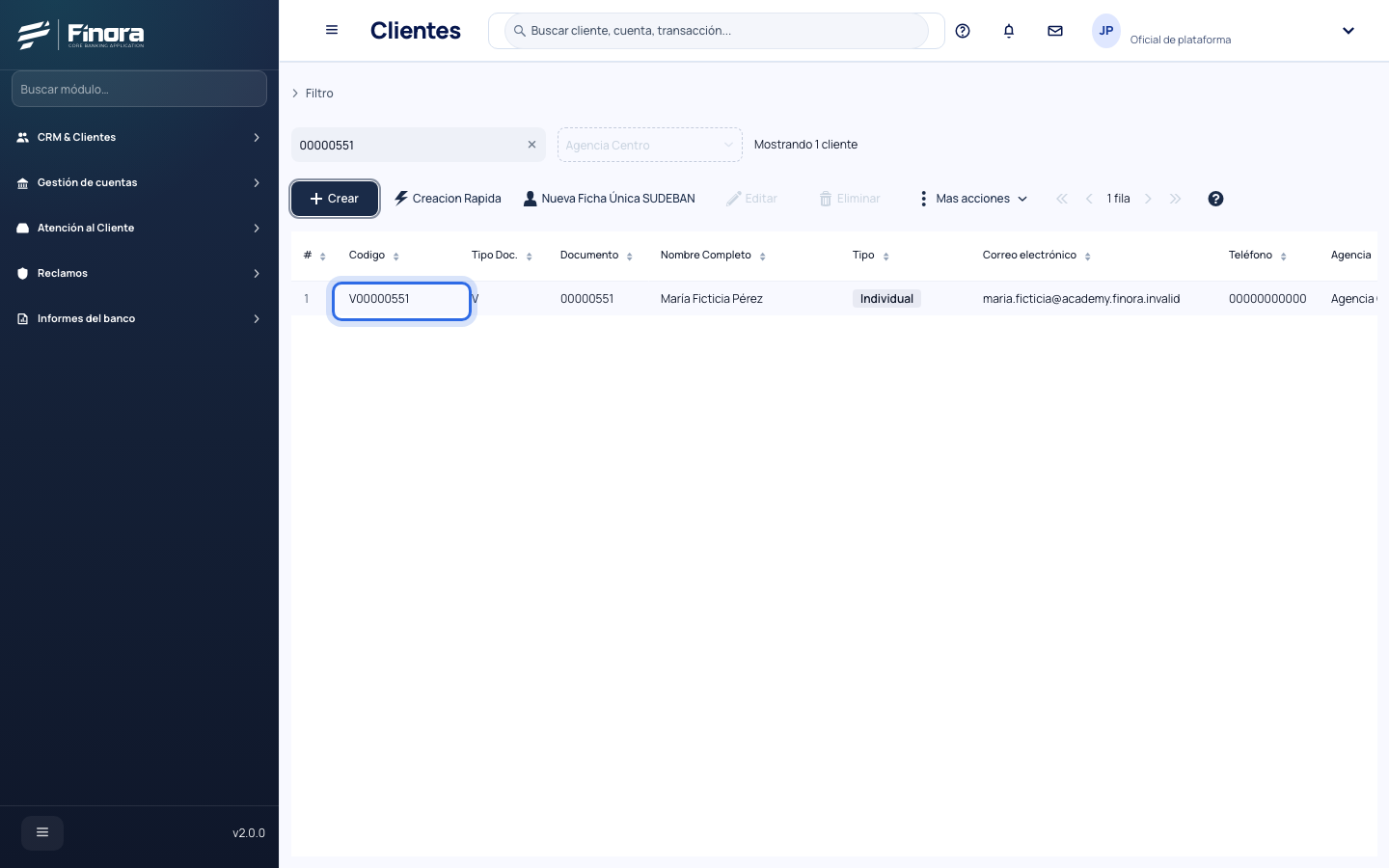 Ficha única guardada con el resumen de la clienta ficticia
