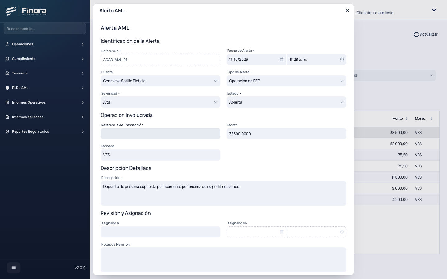 Detalle de una alerta AML con la regla, la operación y el cliente PEP ficticio
