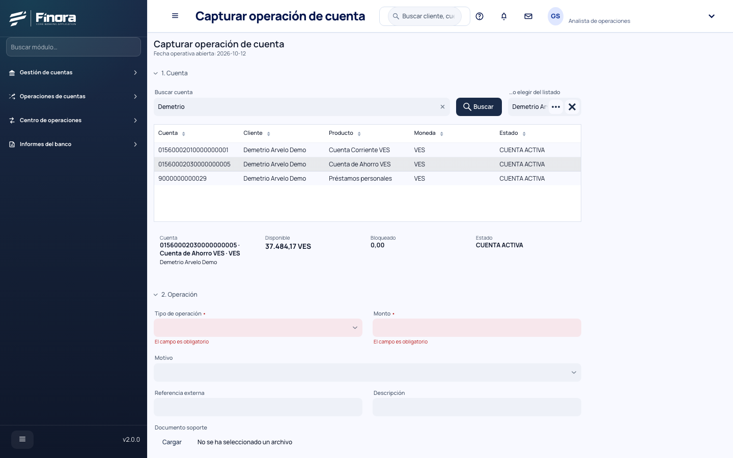 Captura de operación de cuenta con la cuenta de un cliente ficticio seleccionada