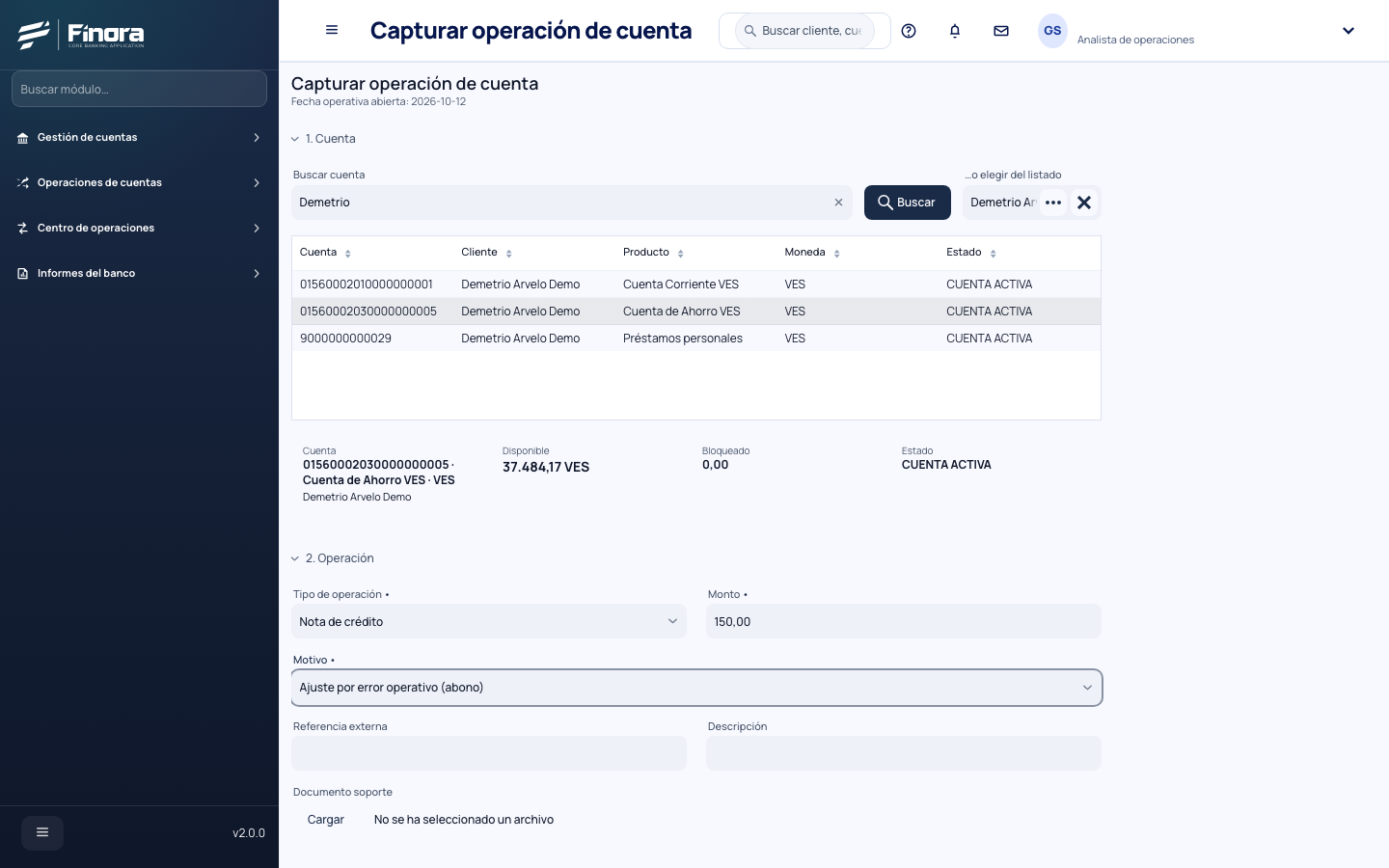 Tipo de operación crédito y motivo de ajuste elegidos