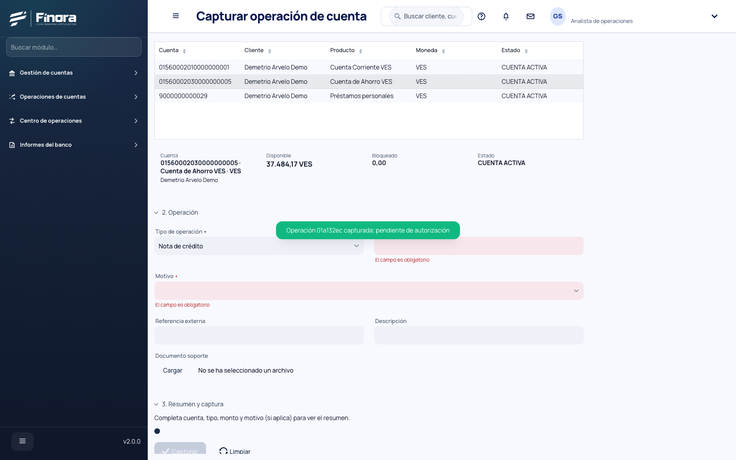 Operación enviada y pendiente de autorización