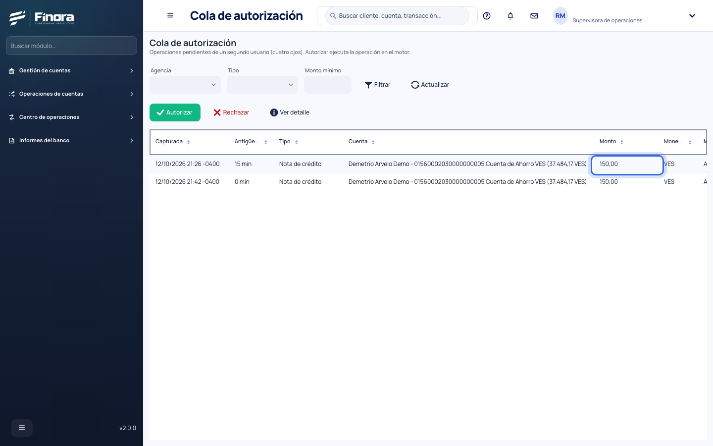 Cola de autorización con la operación pendiente de Bs 150,00