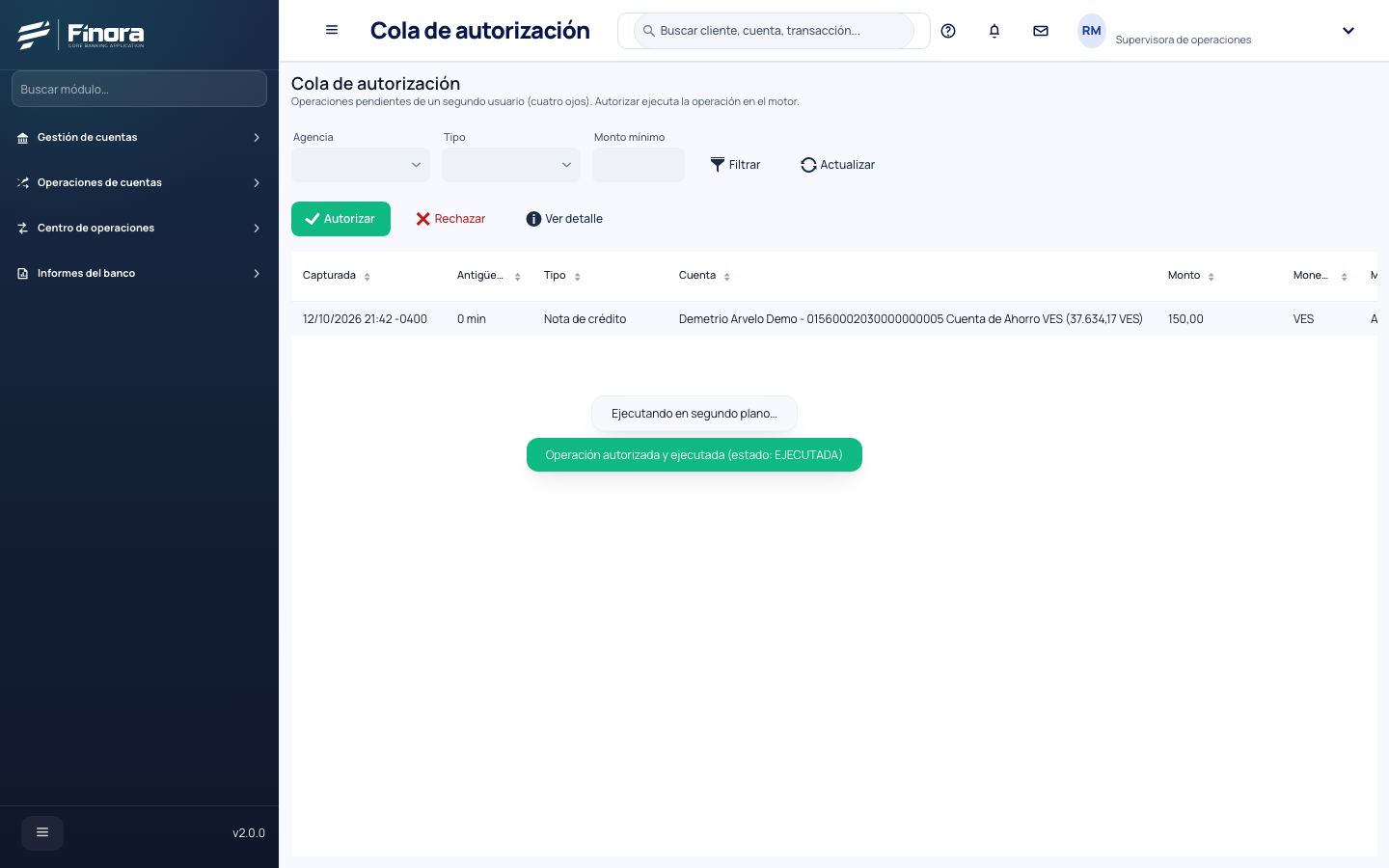 Operación aprobada en la cola de autorización