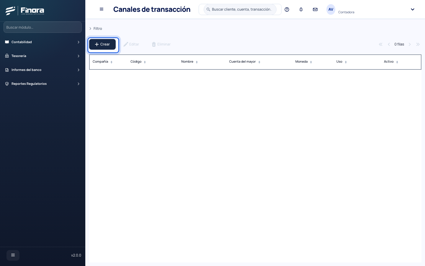 Lista de canales de transacción, vacía, con el botón Crear resaltado