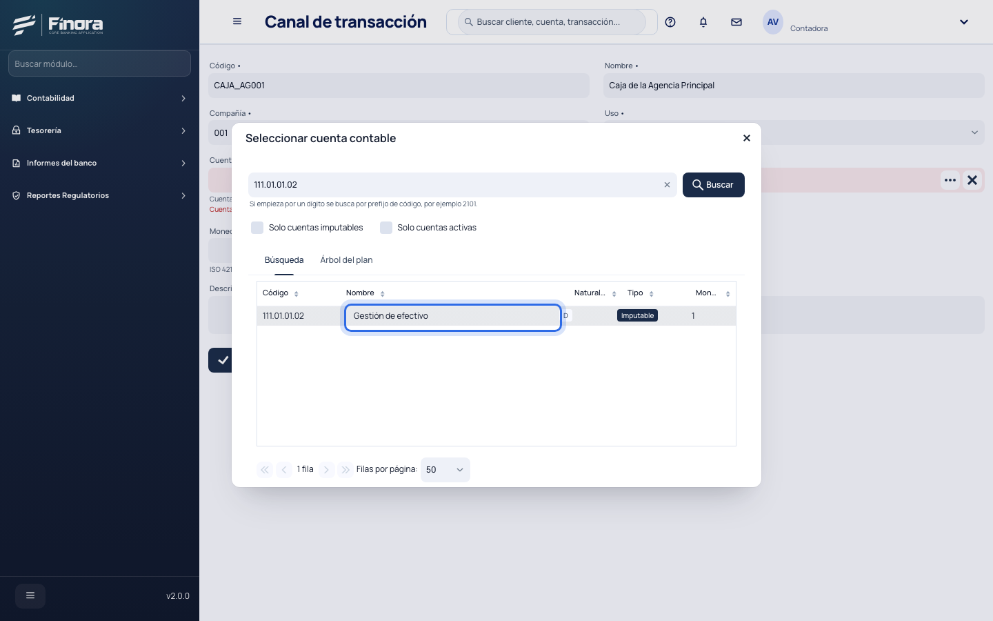 Buscador de cuentas contables con la cuenta Gestión de efectivo seleccionada
