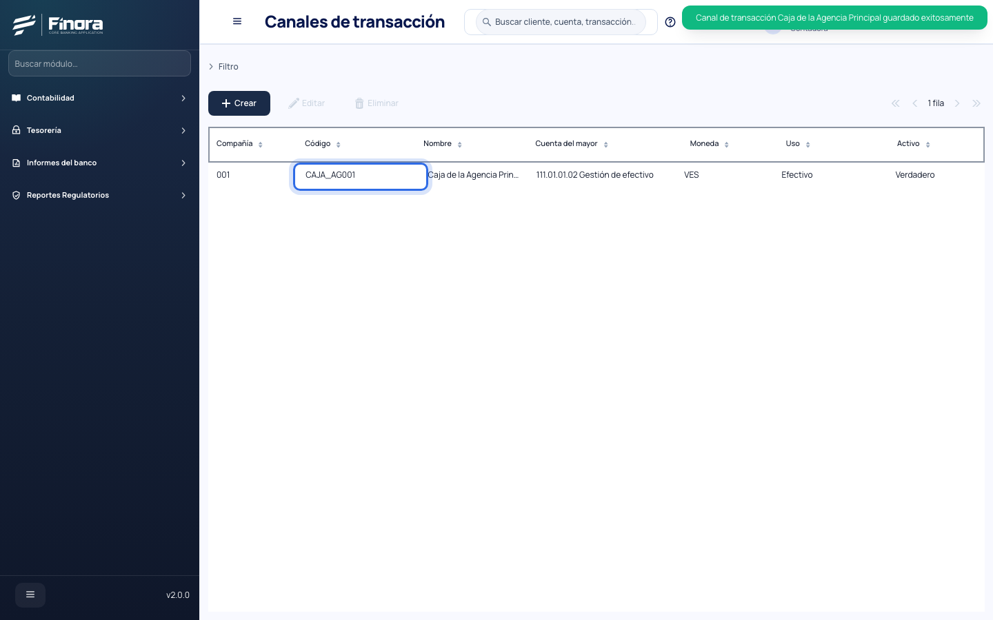 Lista de canales con el canal CAJA_AG001 activo y su cuenta