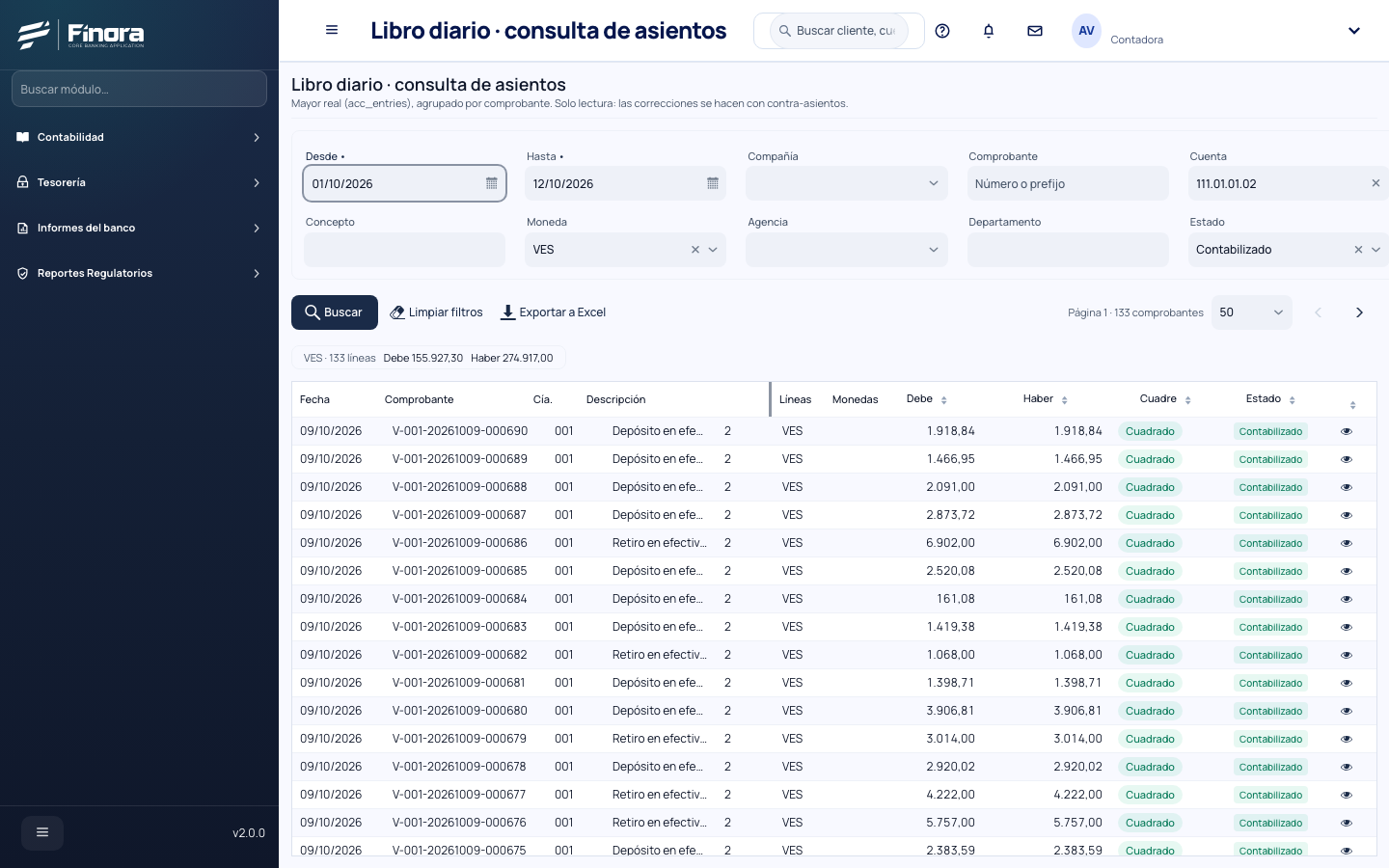 Consulta de asientos abierta desde el balance de comprobación