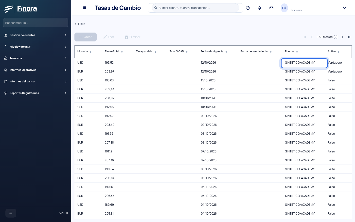 Tasas de cambio del día con su fuente sintética de práctica