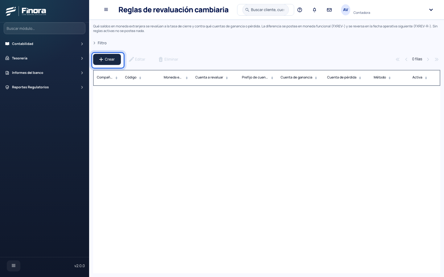 Lista de reglas de revaluación cambiaria, vacía, con su explicación y el botón Crear resaltado