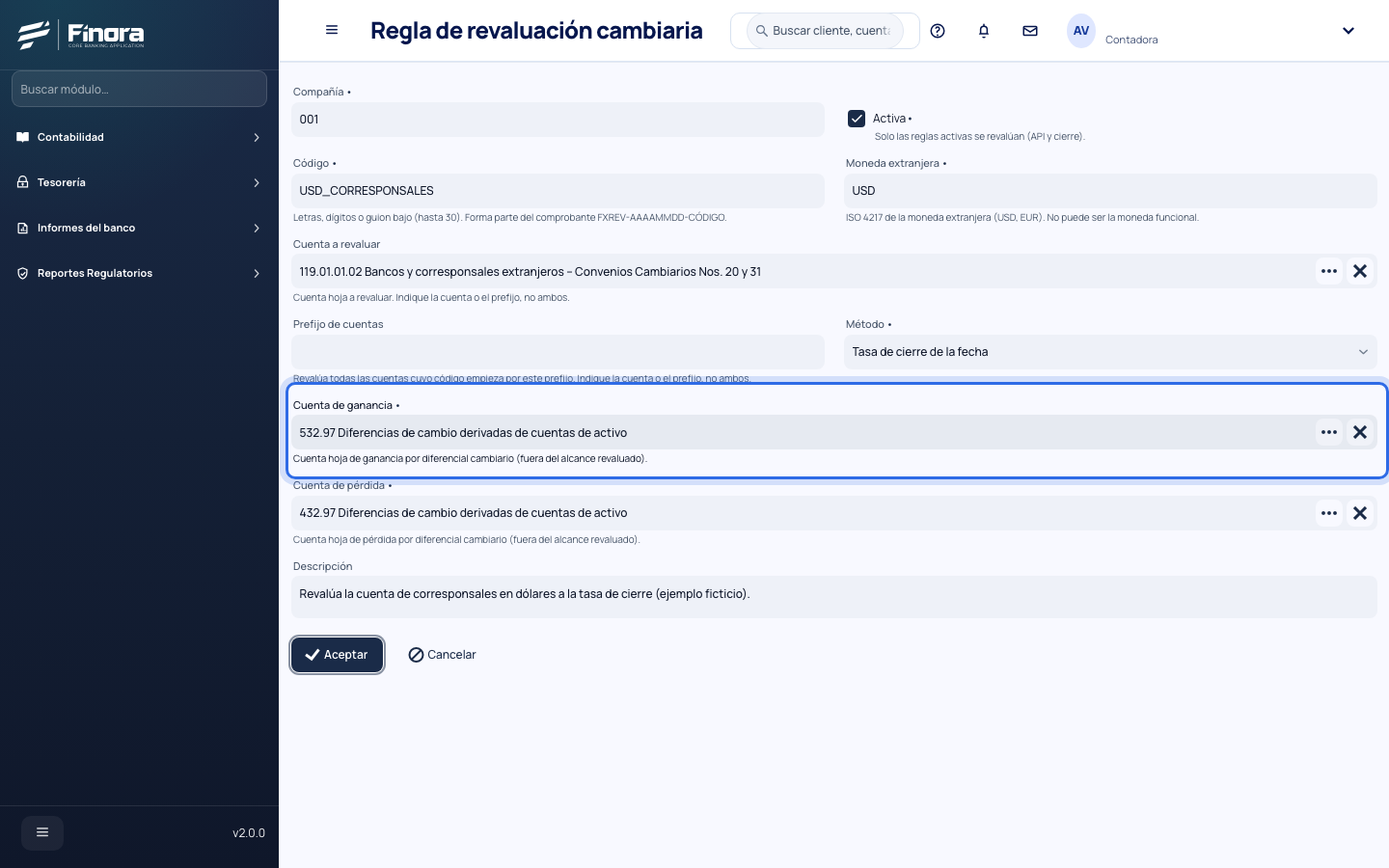 Formulario de la regla con código, moneda USD, cuenta a revaluar, cuentas de ganancia y pérdida y la casilla Activa