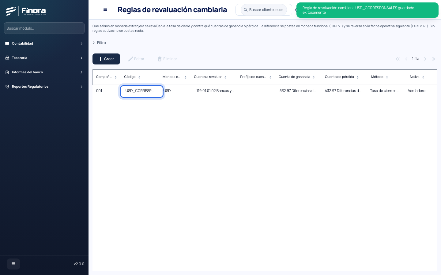 Lista de reglas de revaluación con la regla USD_CORRESPONSALES activa
