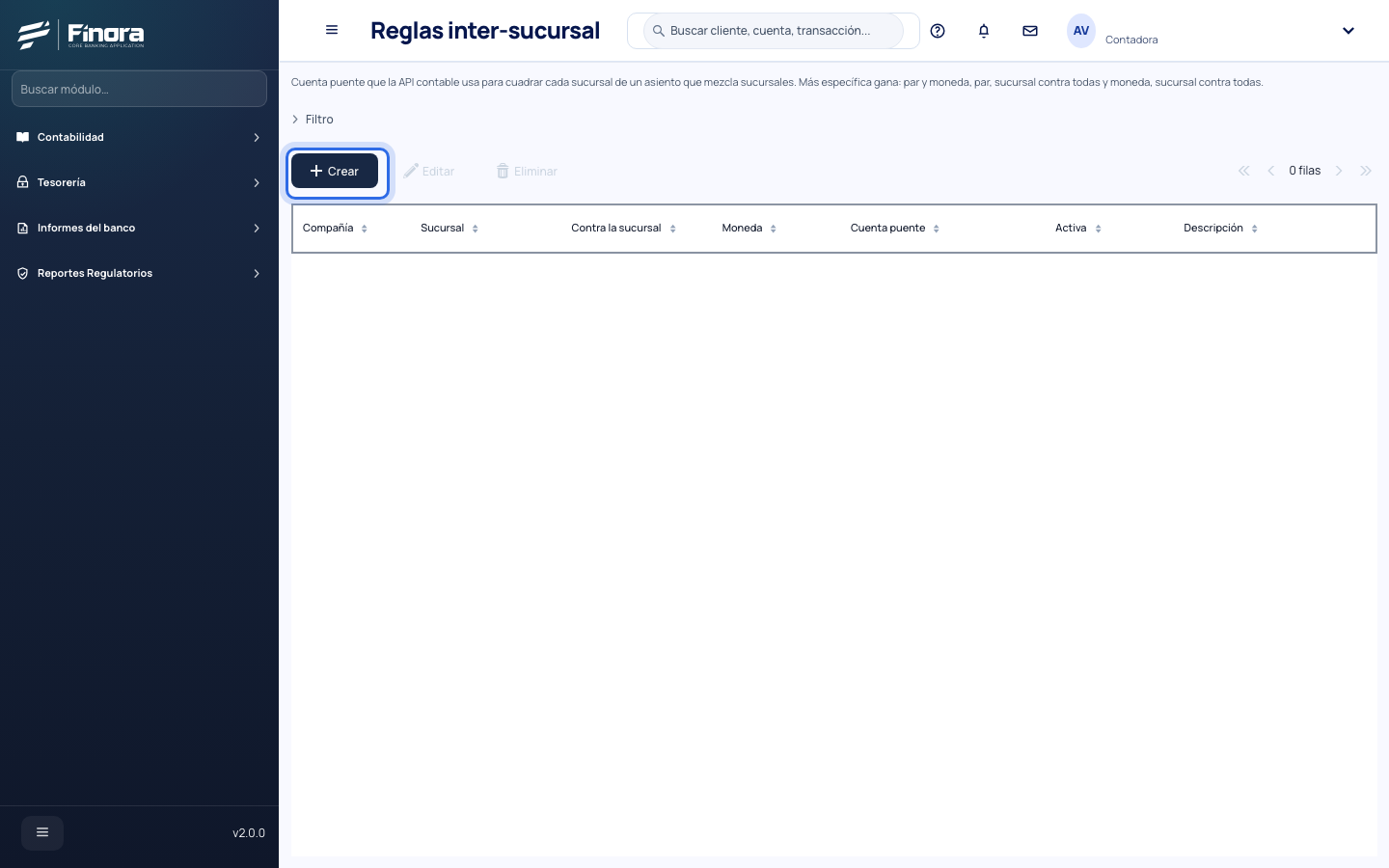 Lista de reglas inter-sucursal, vacía, con su explicación y el botón Crear resaltado