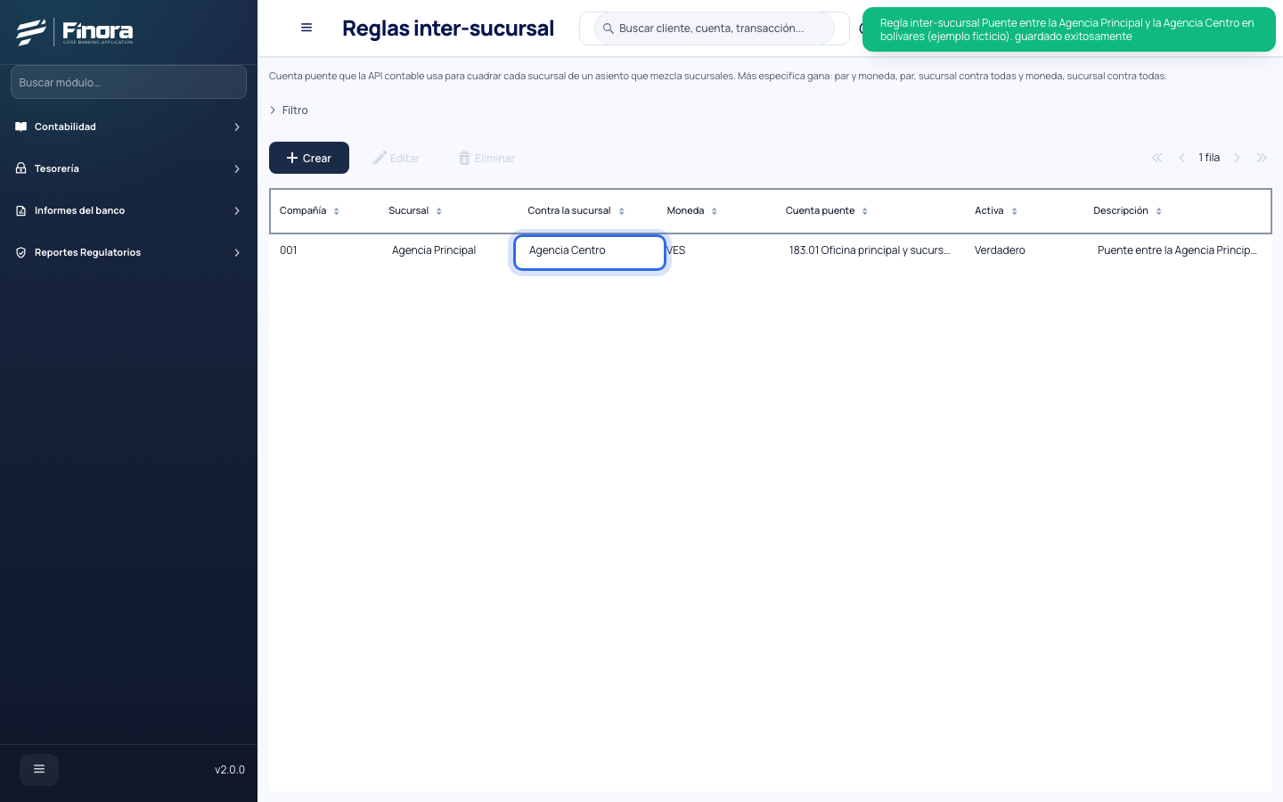 Lista de reglas inter-sucursal con la regla Agencia Principal contra Agencia Centro