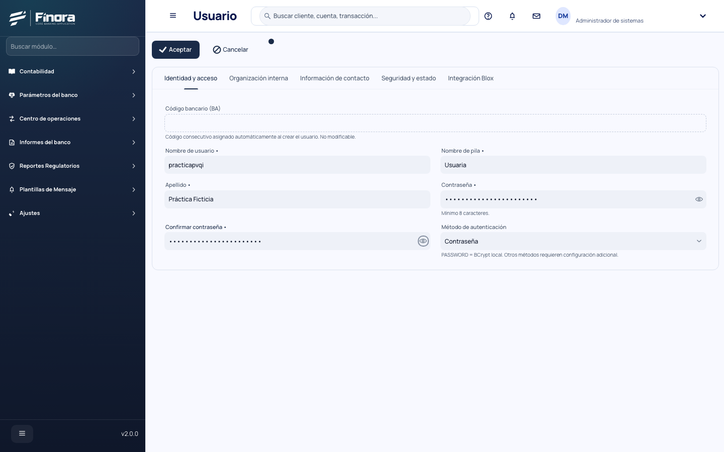 Formulario de usuario nuevo con datos ficticios