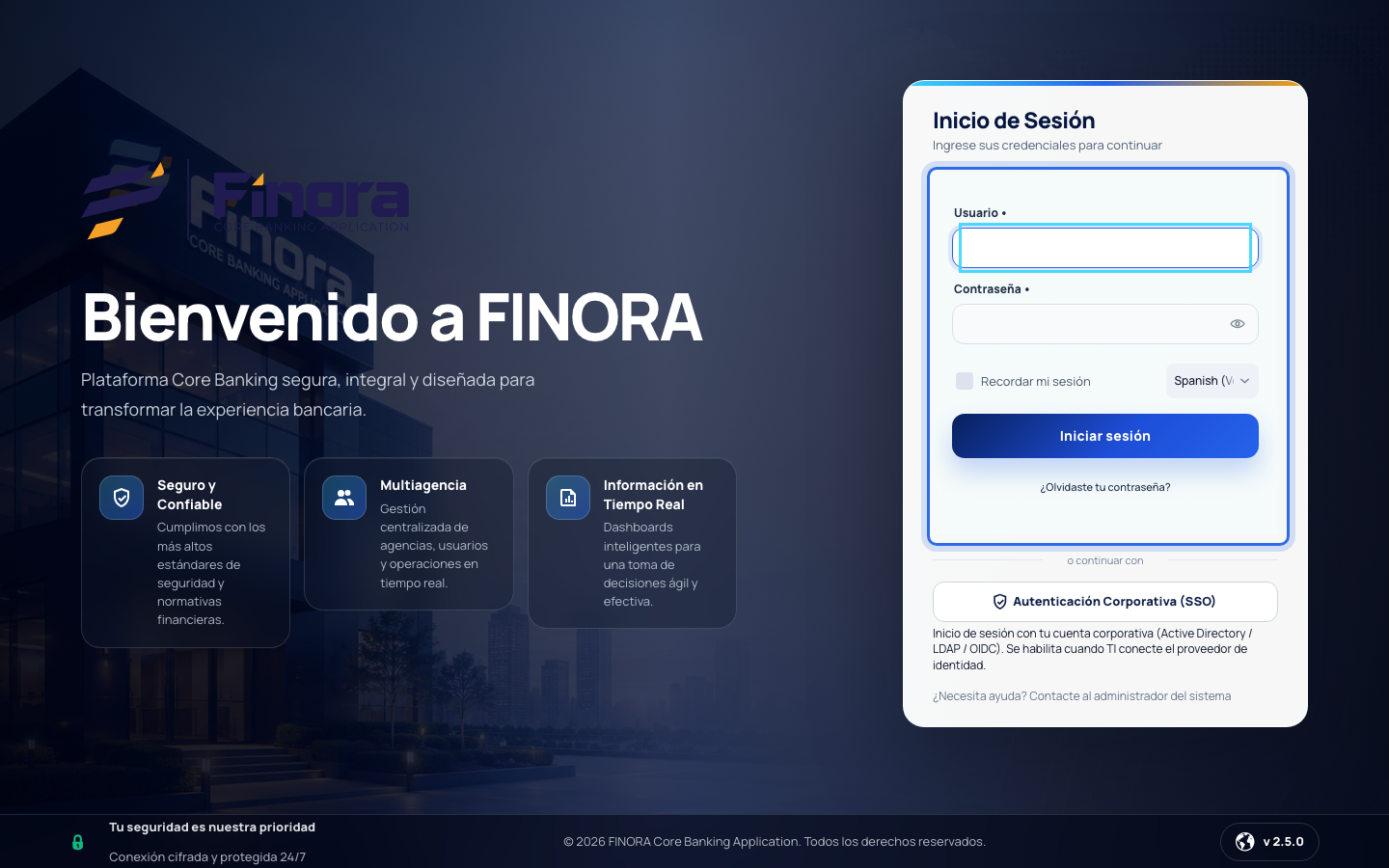Pantalla de inicio de sesión de FINORA Core con los campos de usuario y clave y el selector de agencia