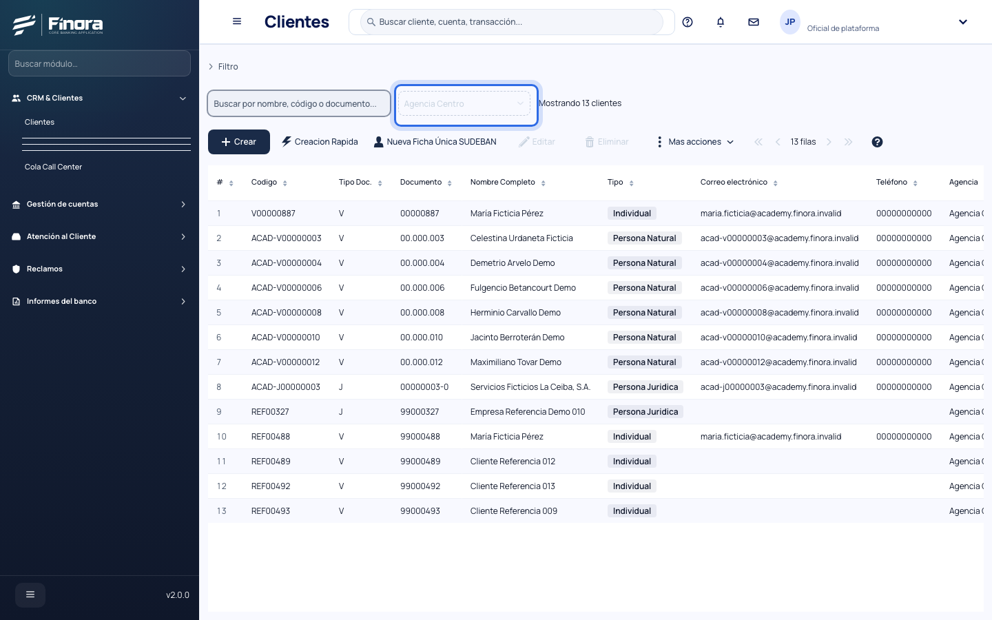 Selector de agencia abierto en el inicio de sesión, con la agencia principal y una sucursal de demostración