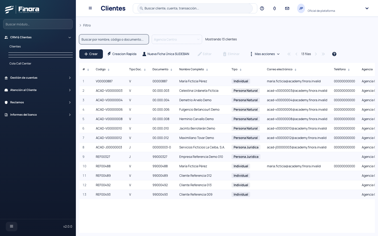 Lista de clientes del core con los filtros arriba y clientes ficticios en la grilla