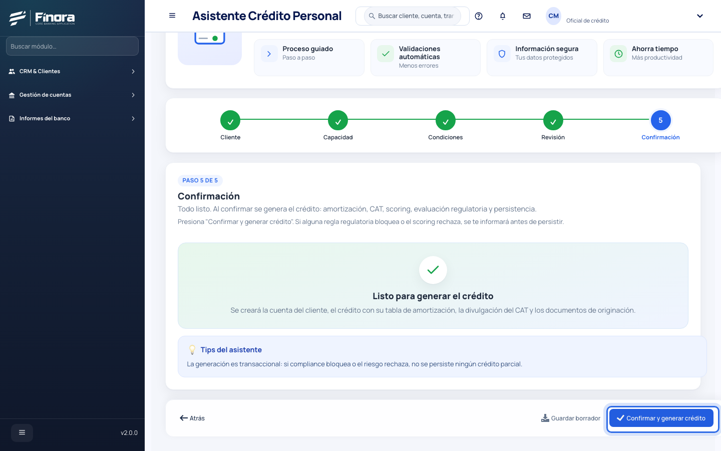 Paso de confirmación listo para generar el crédito