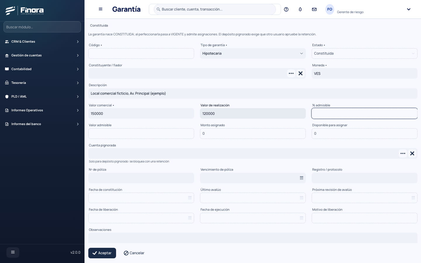 Formulario de garantía con su tipo, avalúo y vencimiento