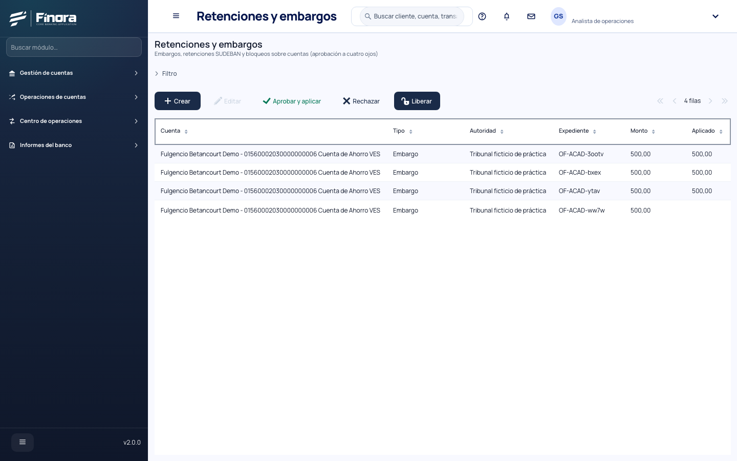 Lista de retenciones y embargos de cuentas ficticias